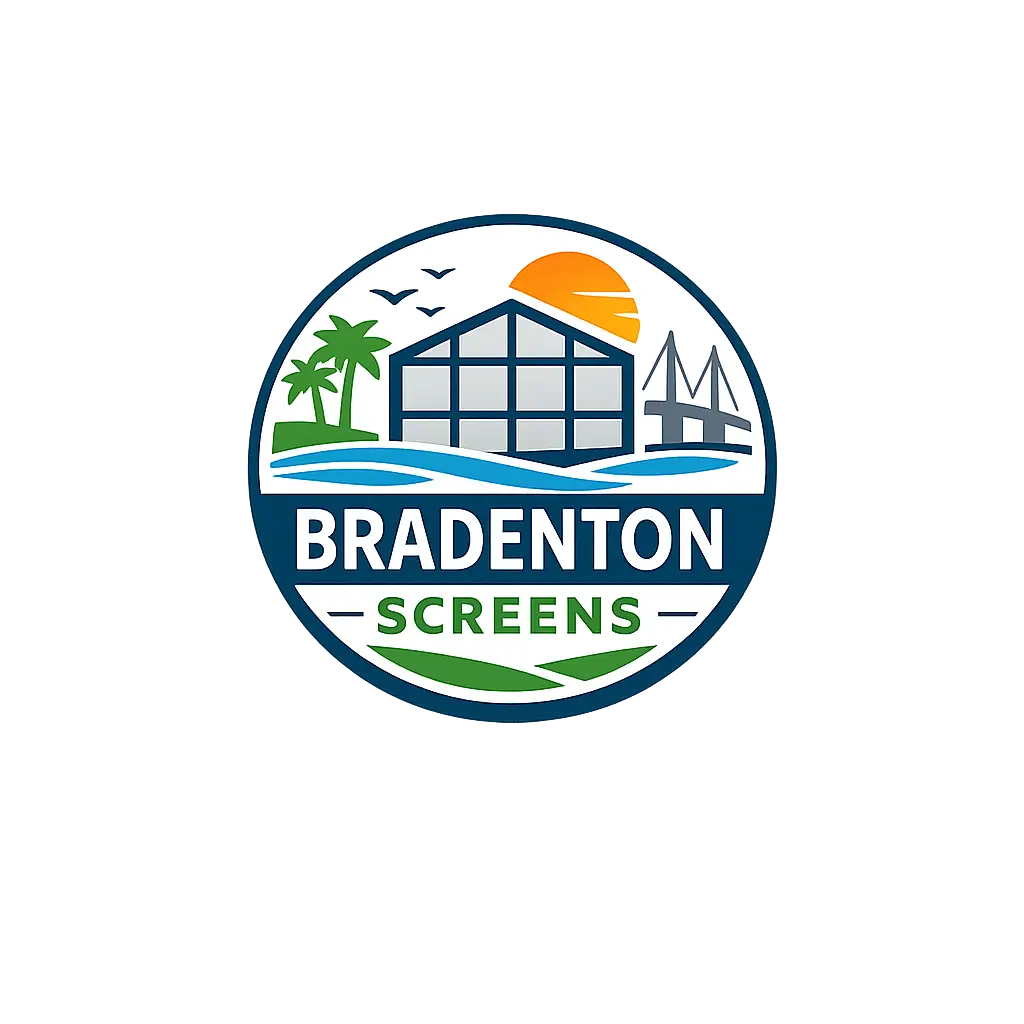 Screen enclosures in Bradenton, FL logo with house, palm trees, sun and water